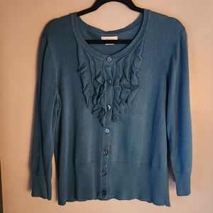 Van Heusen Cardigan Sweater Women’s Large Ruffles Crewneck 3/4 Sleeves